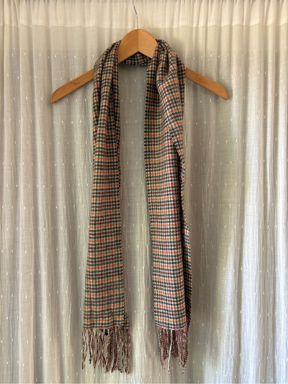 Club Room Houndstooth Fringe Scarf in Brown, Green & Rust 100% Cashmere